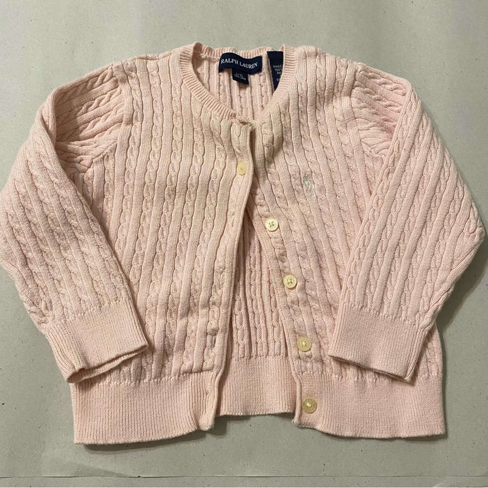 Ralph Lauren Mini-Cable Cotton Cardigan Pink Sweater Baby Sz 12-24 mos. L/XL